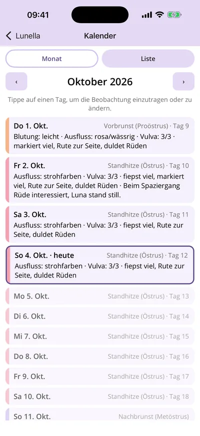 Listenansicht mit Beobachtungen
